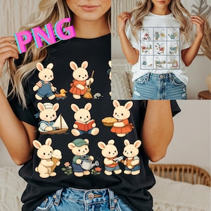 Peut inclure: T-shirt noir avec des lapins de dessin animé dans diverses activités, comme la voile, la lecture et le jardinage. Un deuxième t-shirt blanc avec une grille de lapins est également visible. L'image a un filigrane PNG.