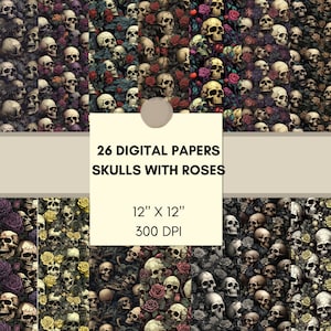 Puede incluir: Un conjunto de 26 papeles digitales con diseños de calaveras y rosas. Los diseños miden 30,48 cm x 30,48 cm y 300 DPI. La paleta de colores incluye amarillo, rojo, morado y verde, creando un tema gótico y floral.