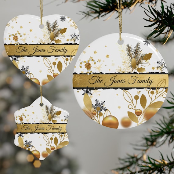Personalisierte Weihnachtsdeko Keramik Ornament – „The Family“ doppelseitig, Herz, Schneeflocke oder Rund, festlicher Anhänger mit Namen