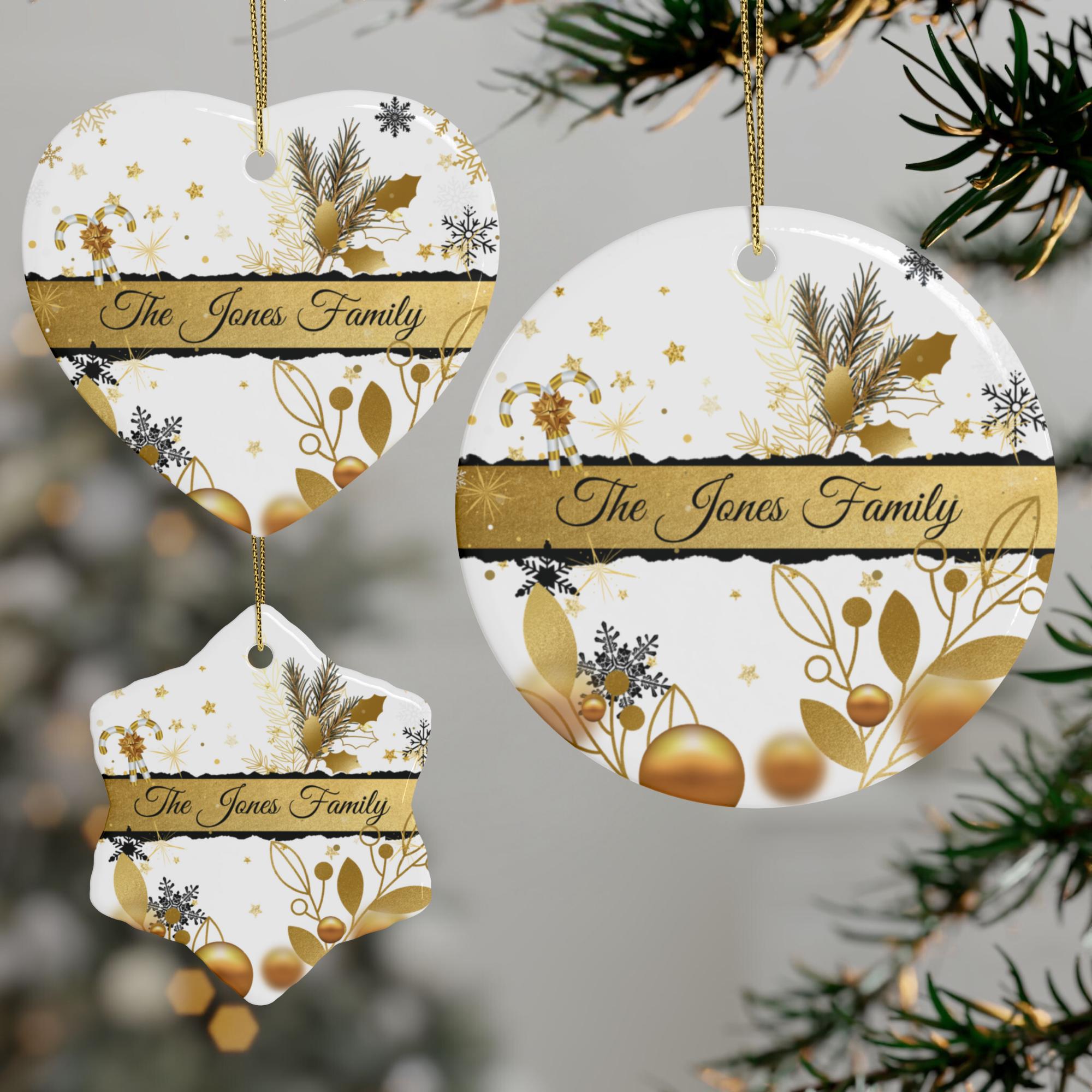 Personalisierte Weihnachtsdeko Keramik Ornament – „The Family“ doppelseitig, Herz, Schneeflocke oder Rund, festlicher Anhänger mit Namen