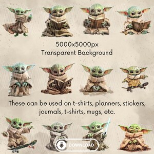 May include: A set of ten digital clipart images featuring a popular character from the Star Wars franchise. The character is depicted in various poses, including reading a book, holding a lightsaber, and riding a skateboard. The images are set against a transparent background, making them suitable for use in a variety of creative projects.
