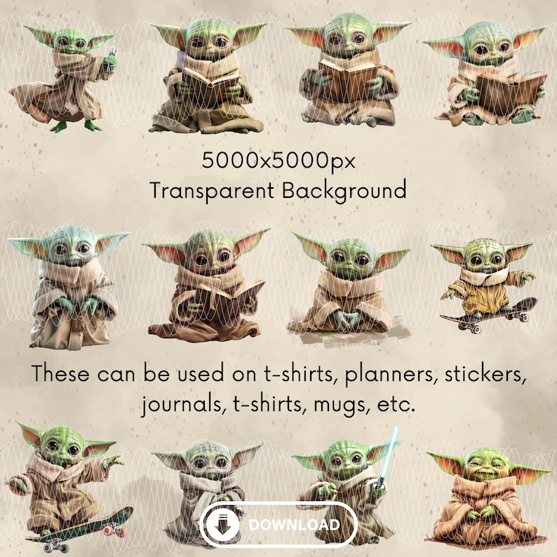 May include: A set of ten digital clipart images featuring a popular character from the Star Wars franchise. The character is depicted in various poses, including reading a book, holding a lightsaber, and riding a skateboard. The images are set against a transparent background, making them suitable for use in a variety of creative projects.