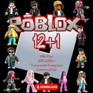 以下が含まれることがあります： 透明な背景を持つRobloxアバターPNGファイルのセット12個。アバターは様々なポーズと服装で、黄色のジャケット、赤と黒のジャケット、青と白のシャツ、ピンクのシャツなどがあります。テキスト「Roblox 12+1」は赤と白の文字で表示されます。テキスト「PNGファイル 2000x2000px 透明な背景 商用利用」は白い文字で表示されます。テキスト「ダウンロード」は白い文字で下向きの矢印と共に表示されます。