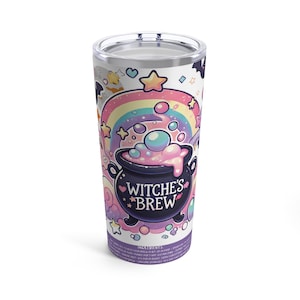 May include: A white tumbler with a colorful design featuring a rainbow, stars, and a cauldron with the text "Witches Brew." The design includes bats and other whimsical elements. The tumbler has a silver lid.