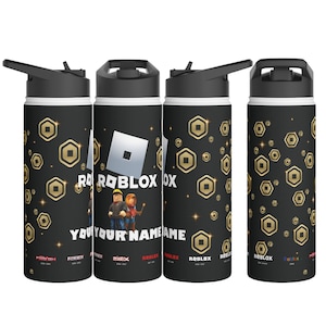 May include: Three black and gold water bottles with a Roblox logo and characters. The bottles have a black lid and a white band around the middle. The text on the bottle says "Roblox" and "Your Name".