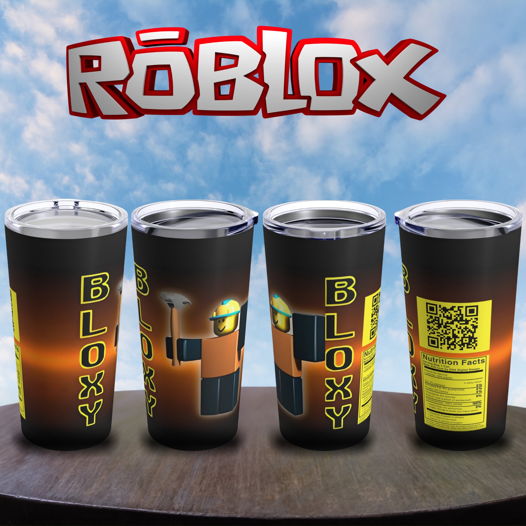 Roblox Bloxy Cola Tumbler – 20oz stainless steel tumbler with a glossy finish, insulated for hot & cold drinks, ideal gift for Roblox fans