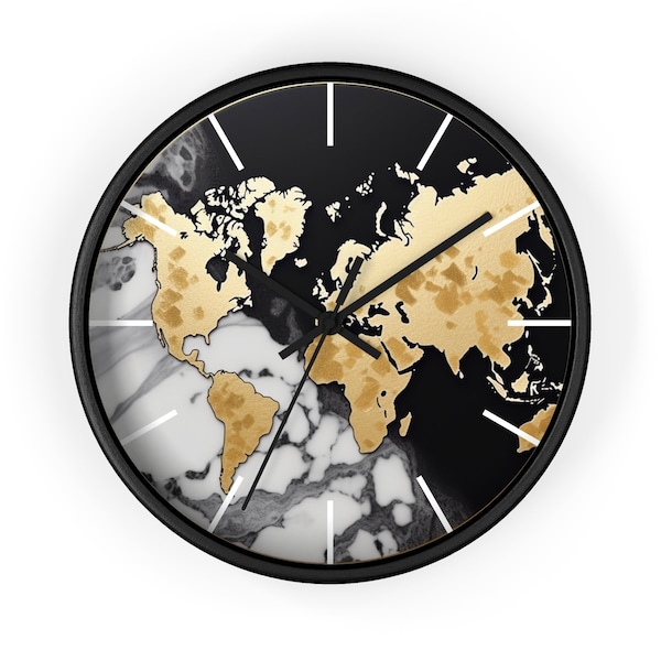 Horloge murale en bois carte du monde dorée avec plexiglas et mécanisme silencieux – cadre en bois pour salon, bureau, cadeau