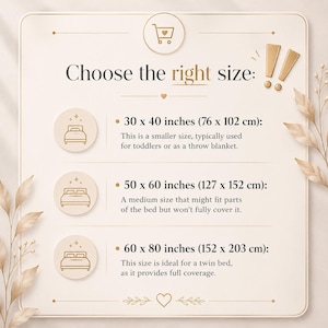 K&ouml;nnte beinhalten: Eine beige Informationstafel mit der &Uuml;berschrift Choose the right size und einem Einkaufswagen-Symbol. Sie listet drei Deckengr&ouml;&szlig;en auf: 76 x 102 cm, 127 x 152 cm und 152 x 203 cm, jeweils mit Bettsymbol und beschreibendem Nutzungstext.