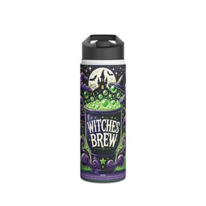 Peut inclure: Une gourde en acier inoxydable noir et blanc avec un motif vert, violet et noir représentant un chaudron avec un liquide vert bouillonnant et le texte "Witches Brew".