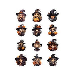 May include: A collection of twelve stickers featuring illustrations of witches. Each witch is depicted with a black hat, some holding pumpkins. The witches have various hair colors and wear black outfits, perfect for Halloween.