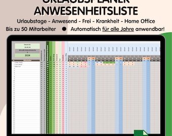 Vacation Planner Attendance Excel Template for Employees German Digital Download, Automatic Adjustment, Forever Usable, Free, Vacation Planning
