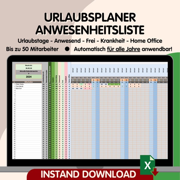 Urlaubsplaner Anwesenheit Excel Vorlage für Mitarbeiter DEUTSCH Digital Download, Automatische Anpassung, Ewig Nutzbar, Frei, Urlaub Planung