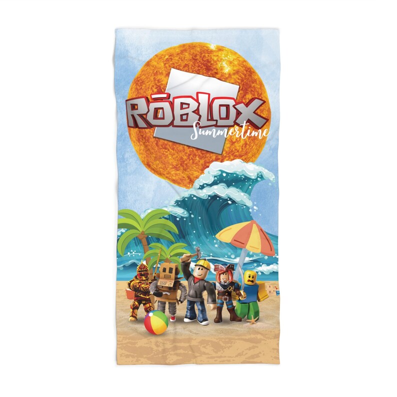 May include: A rectangular beach towel featuring a large orange sun, a blue ocean wave, and palm trees. The text Roblox Summertime is printed in the centre. Five block-style characters stand on a sandy beach with a colourful beach ball and umbrella.