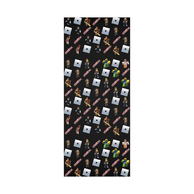 May include: A black fabric featuring a repeating pattern of various Roblox character figures, white square logos, and the red Roblox text logo scattered across the surface. The design consists of multiple small, colorful blocky avatars in different poses.