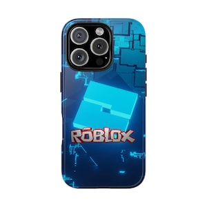 Könnte beinhalten: Eine blaue und schwarze Handyhülle mit einem blauen und weißen Roblox-Logo und dem Wort "ROBLOX" in roten Buchstaben.