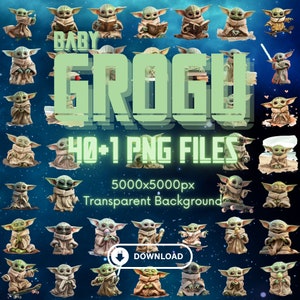 May include: A digital collage of 40+ PNG files featuring a green, cartoon character with large ears, known as Baby Grogu. The character is depicted in various poses, including reading a book, holding a cup, and riding a skateboard. The background is a dark blue with stars. The text "BABY GROGU 40+1 PNG FILES 5000x5000px Transparent Background DOWNLOAD" is also included in the image.