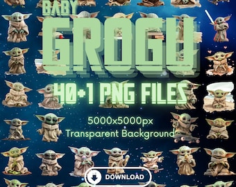 Baby Grogu Yoda Clipart PNG Bundle – 41 High-Res, Transparent Background, Digital Download, for T-Shirts, Planners, Stickers, Mugs