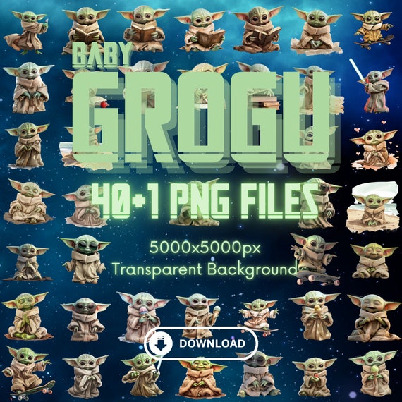 Baby Grogu Yoda Clipart PNG Bundle – 41 High-Res, transparenter Hintergrund, Digital Download, für T-Shirts, Planer, Aufkleber, Tassen