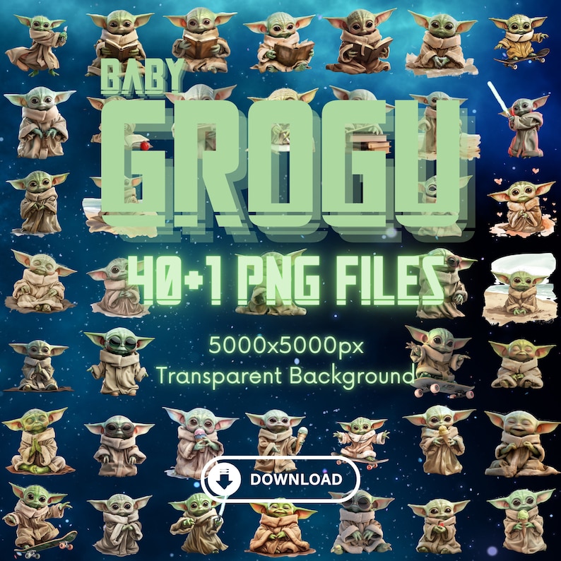 May include: A digital collage of 40+ PNG files featuring a green, cartoon character with large ears, known as Baby Grogu. The character is depicted in various poses, including reading a book, holding a cup, and riding a skateboard. The background is a dark blue with stars. The text "BABY GROGU 40+1 PNG FILES 5000x5000px Transparent Background DOWNLOAD" is also included in the image.