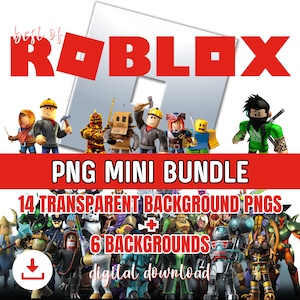 Roblox digital image set with 6 backgrounds & 14 avatars – PNG with transparent background – Download for creative children's projects