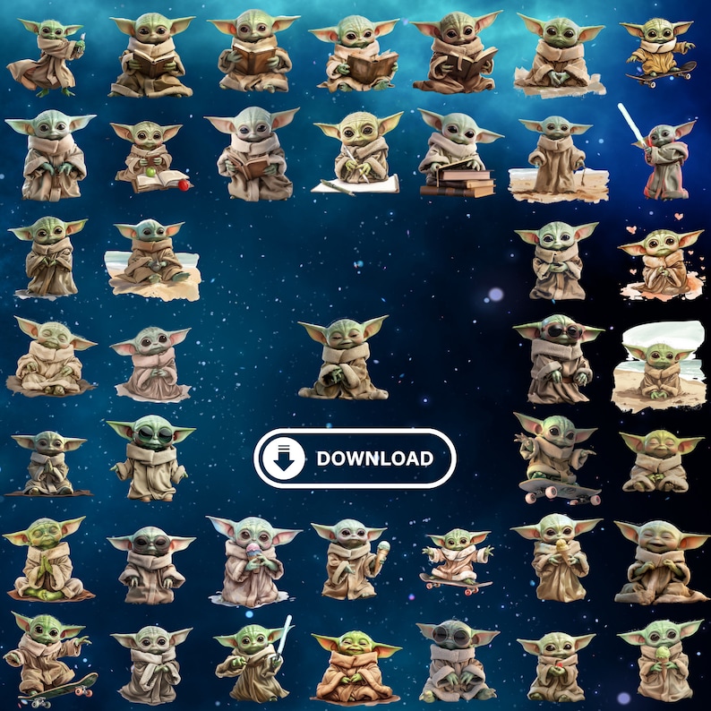 May include: A collection of 36 digital stickers featuring a popular character from the Star Wars franchise. The stickers depict the character in various poses and settings, including reading, meditating, skateboarding, and holding a cup of ice cream. The stickers are perfect for adding a touch of fun and whimsy to your digital projects.