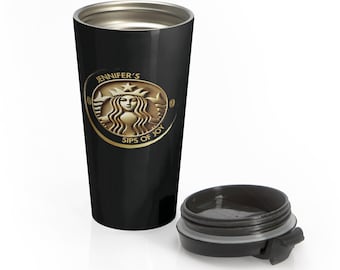 Personalized stainless steel travel mug with name, limited edition mug in gold, insulated, leakproof, dishwasher safe, 15 oz, gift