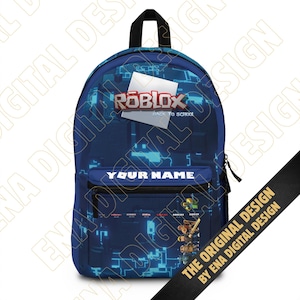 May include: Blue backpack featuring the Roblox logo and the text "BACK TO SCHOOL." The backpack has a front pocket with the text "YOUR NAME." The design includes a digital grid pattern and character graphics. A black strap with text is on the side.