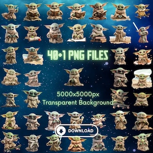 May include: A collection of 40+ digital images featuring a popular fictional character, known as "Baby Yoda", in various poses and settings. The images are 5000x5000 pixels and have a transparent background.