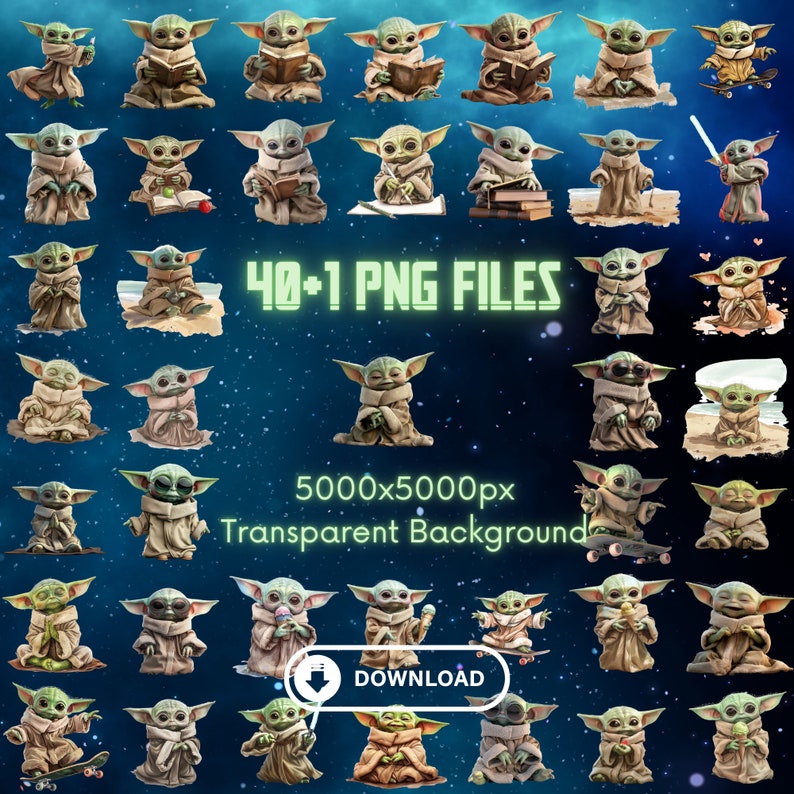 May include: A collection of 40+ digital images featuring a popular fictional character, known as "Baby Yoda", in various poses and settings. The images are 5000x5000 pixels and have a transparent background.