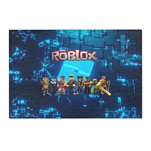 May include: A rectangular rug featuring the Roblox logo in red and white, with a blue background and a digital circuit design. Several Roblox character figures are standing in front of a blue block.