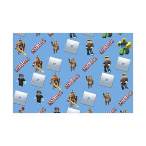 May include: A blue background with a repeating pattern of Roblox characters, logos, and squares. The characters include a knight, a person with a blue shirt, and a person with a yellow shirt. The logo is red and white and says "Roblox".