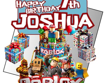 May include: A colorful birthday card featuring a Roblox themed cake with a Roblox character on top. The card says "Happy Birthday 7th Joshua" in red and blue letters.