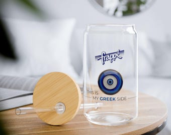 Greek Sipper Glass, My Greek Side, 16oz gehärtet, minimalistisch griechisches Frappe Design, Bambusdeckel, Tritan Strohhalm, BPA-frei, FDA-