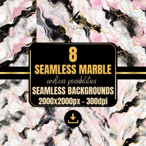 May include: 8 Seamless Marble Backgrounds with endless possibilities. Each background is 2000x2000 pixels and 300dpi. The marble patterns are in shades of pink, white, black, and gold.