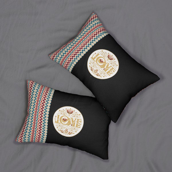 Lumbar Pillow Boho Knit Pattern Pillow Cover with Love Design and Filler Pillow - 20x14 Inch Black Decorative Pillow
