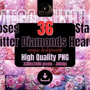 Roses, Stars, Glitter, Diamonds Backgrounds Digital Set of 36 PNGs Nail Salon Cosmetics Glamour