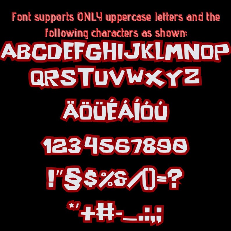 K&ouml;nnte beinhalten: Eine digitale Schriftanzeige mit wei&szlig;en Gro&szlig;buchstaben mit dickem rotem Umriss auf schwarzem Hintergrund. Der Text lautet: Font supports ONLY uppercase letters and the following characters as shown: A-Z, &Auml;&Ouml;&Uuml;&Eacute;&Aacute;&Iacute;&Oacute;&Uacute;, 0-9, und Symbole !"&sect;$%&/()=?*+-.,;