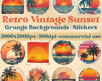 Retro Vintage Sunset Grunge Sticker Backgrounds PNG Set of 12 files, 300dpi, Digital Art, Creative Crafts