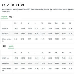 May include: A size chart for apparel featuring care instructions with icons for machine wash, bleach, tumble dry, no dry clean, and no iron. The table displays width, length, and sleeve length measurements in inches for sizes XS through 5XL.