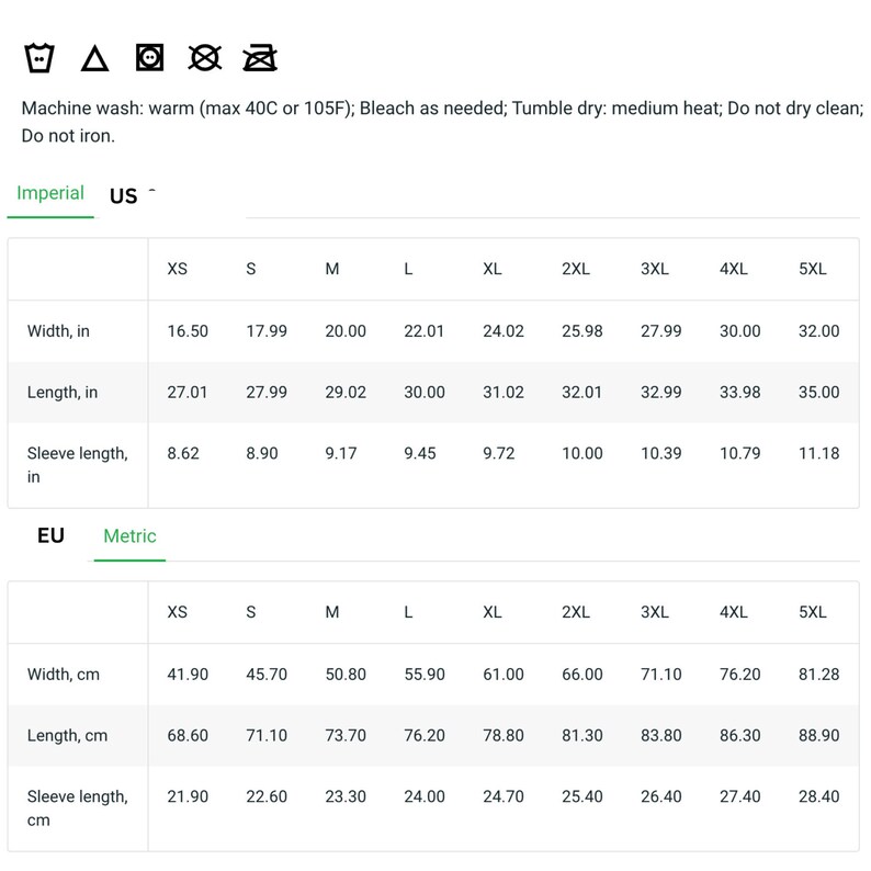 May include: A size chart for apparel featuring care instructions with icons for machine wash, bleach, tumble dry, no dry clean, and no iron. The table displays width, length, and sleeve length measurements in inches for sizes XS through 5XL.