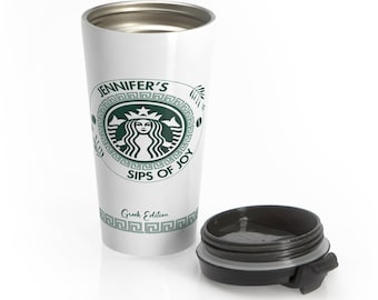 Personalized stainless steel travel mug, Starbucks inspired with ancient Greek decorations, 15oz, leakproof & dishwasher safe, Spec