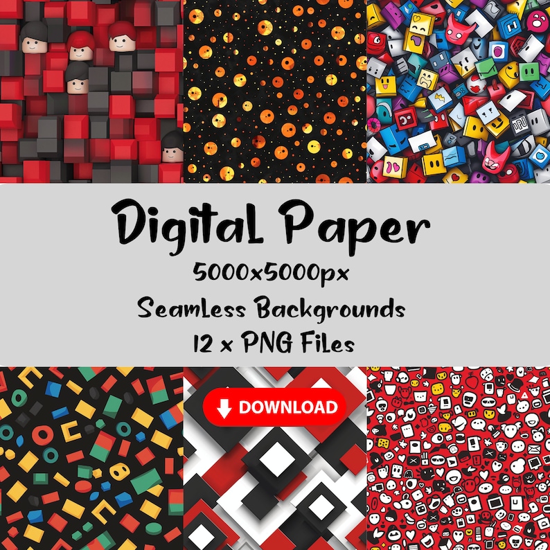 以下が含まれることがあります： PNG形式の12種類のシームレスな背景パターンを含むデジタルペーパーセット。キャラクターの頭部が描かれた赤と黒のブロック、黒地にオレンジの円、カラフルな落書き風アイコン、幾何学模様、赤・黒・白の正方形のデザインが含まれています。