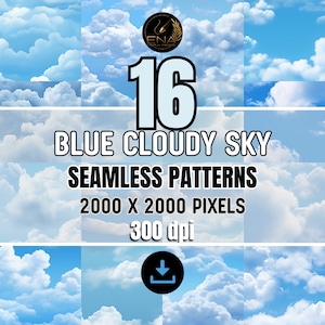 Blue Sky Clouds naadloos digitaal papierpakket, 16 PNG-patronen, direct downloaden