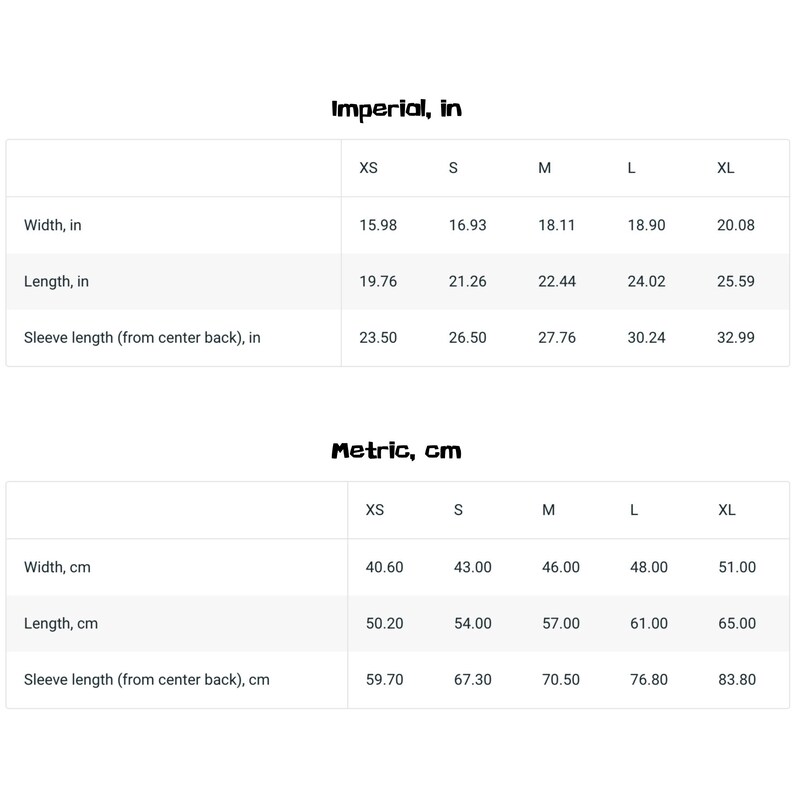 Puede incluir: Tabla de tallas que muestra las medidas en pulgadas y cent&iacute;metros para las tallas XS, S, M, L y XL. Las medidas incluyen el ancho, la longitud y la longitud de la manga desde la parte central de la espalda.