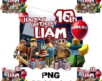 May include: A digital download of a printable birthday card featuring a Roblox theme. The card has a red, white, and blue color scheme and features a cartoon character holding a cake. The text on the card reads "Happy 10th Birthday Liam".