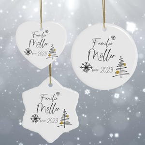 Personalized Christmas decoration made of ceramic, tree pendant with family name, year of foundation, ornament, heart, snowflake, round