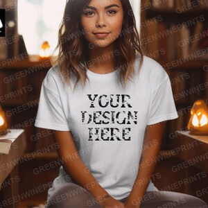 Mockup  White Gildan 64000 shirt Woman, women mockup white t-shirt, woman tee mockup, gildan shirt mockup, regular white tee clothing mockup