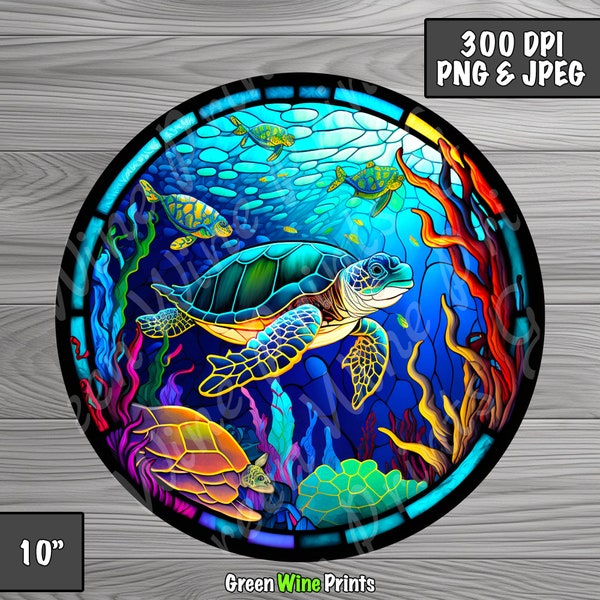 Turtle Stained Glass Clipart, Turtle Sublimation wrap, Faux Stained Glass, Stain Glass Digital Print, Instant Download, Commercial Use PNG