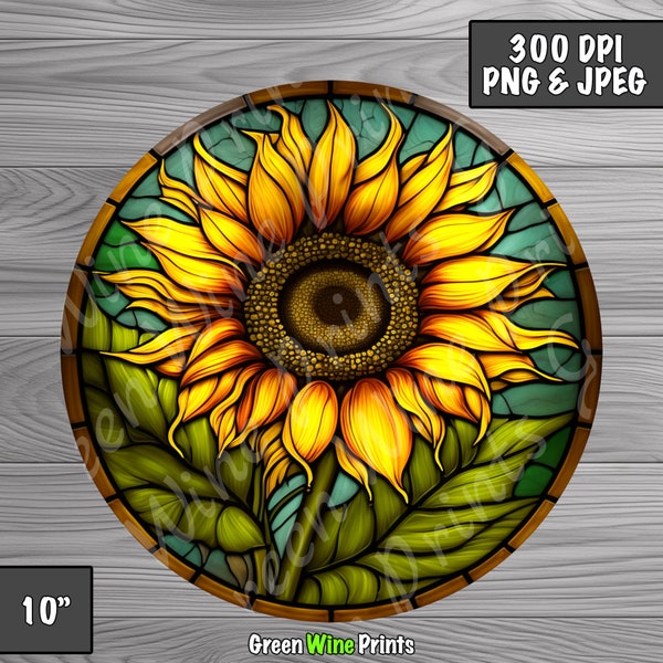 Faux Stained Glass Sunflower Clipart Design, Stained Glass Digital PNG, Wreath Sign, Sunflower Sun Catcher, Instant Download Commercial Use