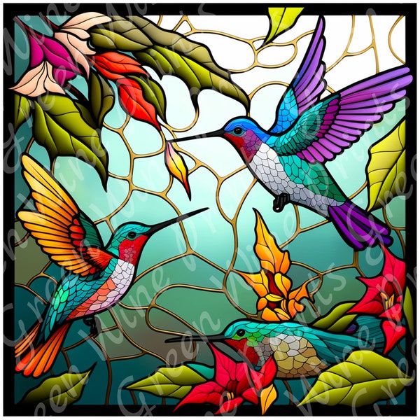 Hummingbirds Stained Glass Clipart, Colorful Sublimation Design, Stained Glass PNG, Faux Stained Glass, Instant Download, Commercial use